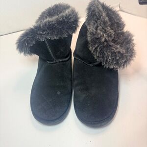 Bearpaw Womens Black Suede Faux Fur Trim Ankle Boots Size 3 Pull On Winter Shoes